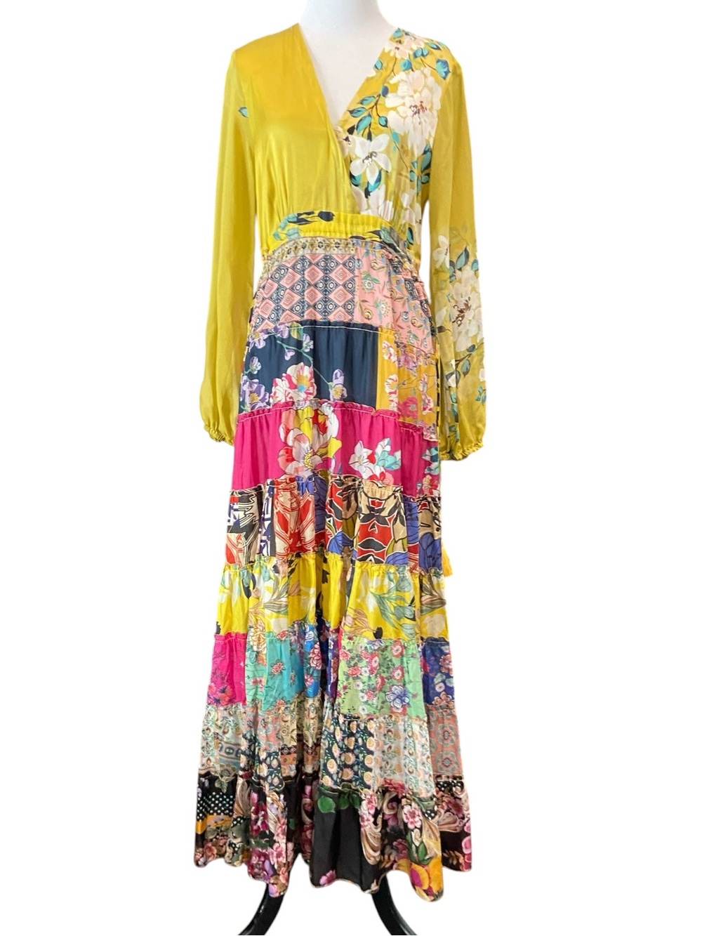 Johnny Was ,Silk Women's Patchwork style ruffled bohemian dress. EUC